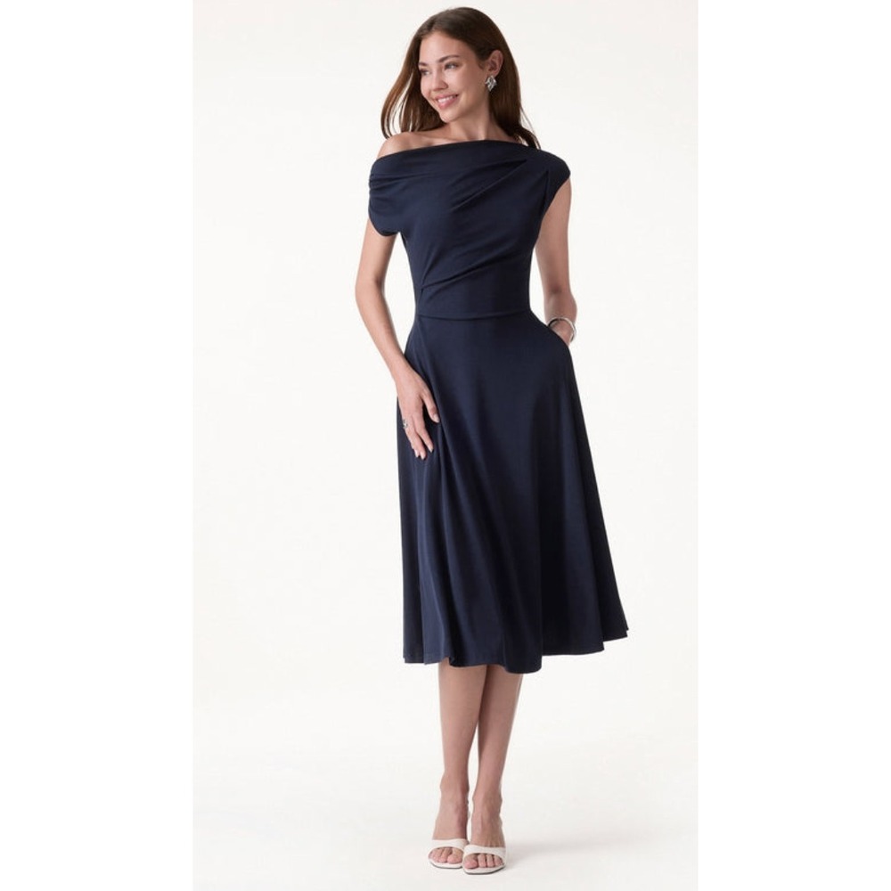 OGL Move Navy Blue Asymmetrical Shoulder Tucked Midi Bra Dress Pockets Small NEW